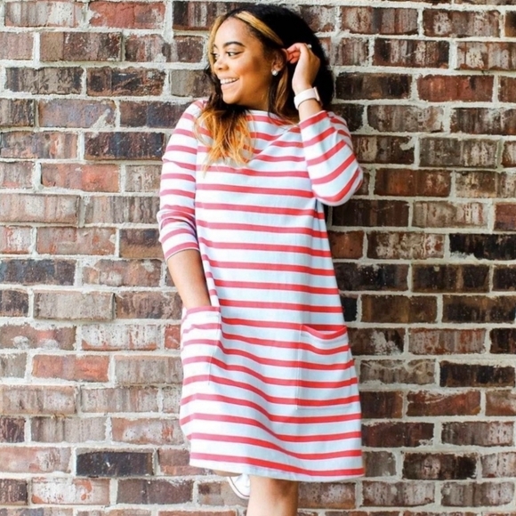 SOLD The Nines by Hatch Maternity Dress Knit Stripes Medium Red Blue Pockets - Picture 1 of 9